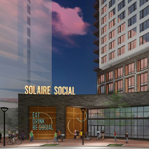 Exterior of the Solaire Social food hall at Solaire 8200 Dixon in Silver Spring, Maryland