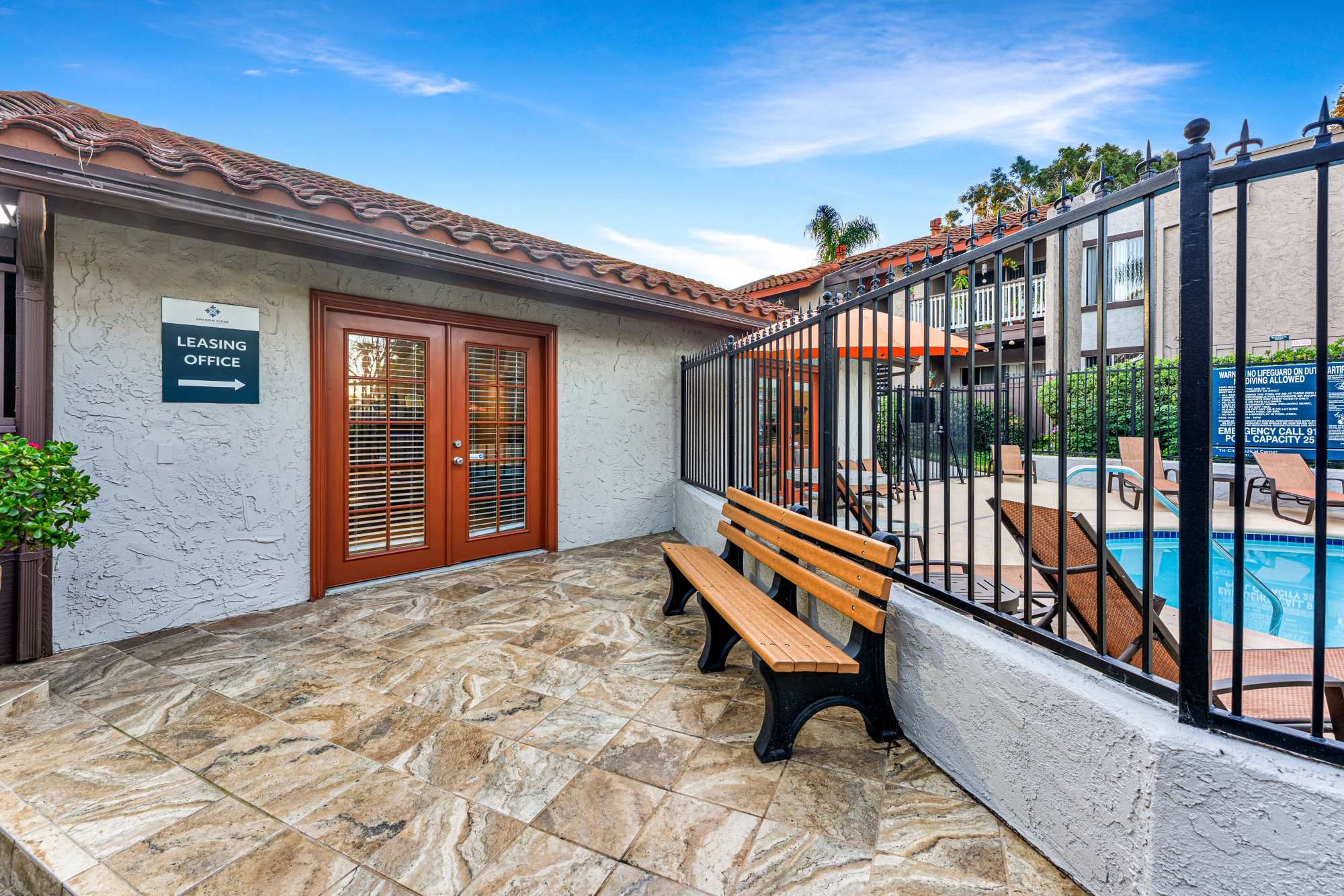 Entrance to a community area at Shadow Ridge Apartments in Oceanside, California