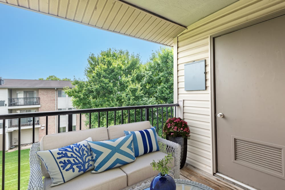 Sliding door access to a private patio at Seneca Bay Apartment Homes in Middle River, Maryland