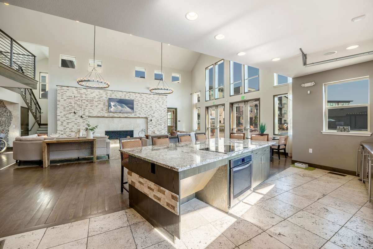 Upscale resident clubhouse and kitchen at North Main at Steel Ranch in Louisville, Colorado