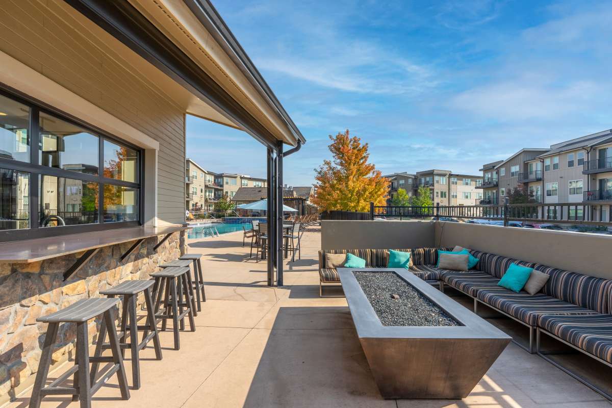 Outdoor seating and a firepit at North Main at Steel Ranch in Louisville, Colorado