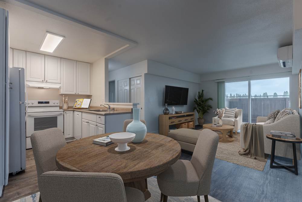 Wood flooring in an upgraded townhome kitchen at Beech St. Knolls in San Diego, California