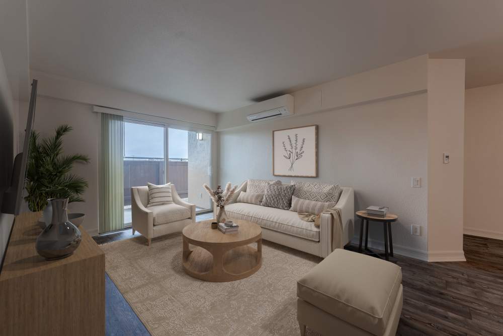 A townhome living room at Beech St. Knolls in San Diego, California