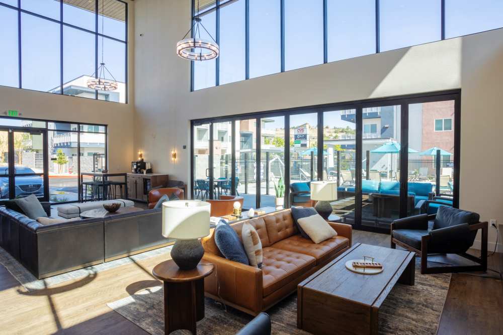 Community lounge area beside the swimming pool at Calm at Northtowne in Reno, Nevada