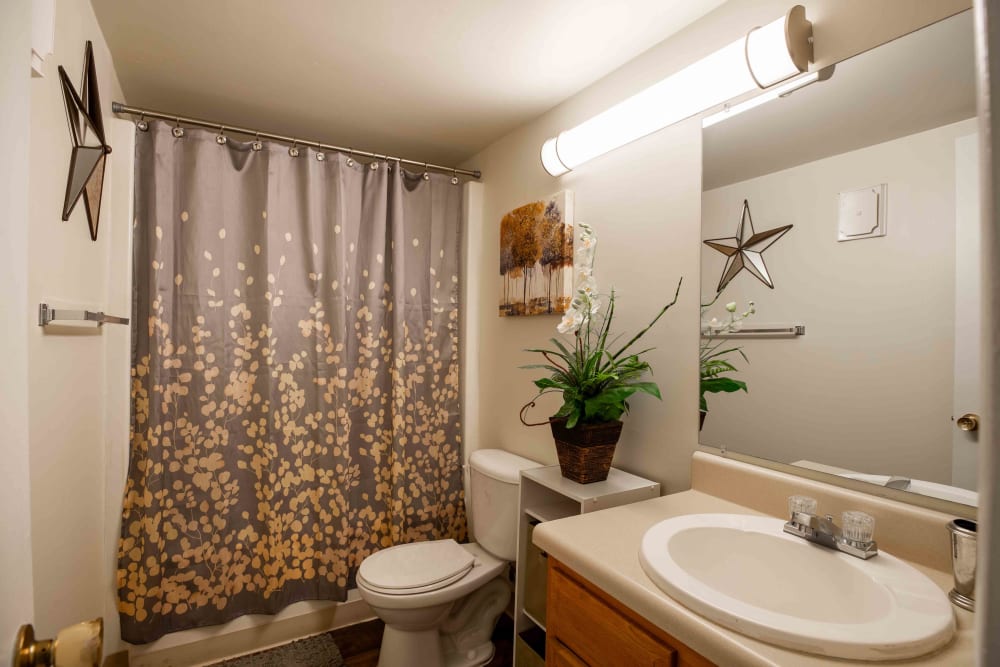 Model bathroom with white walls