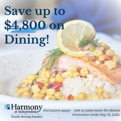 Exceptional Senior Living at Harmony at Independence dining special 