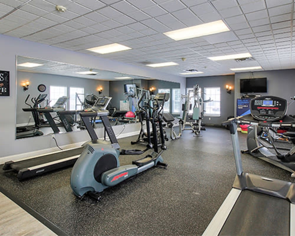 Well equipped fitness center at The Lakes of Beavercreek in Beavercreek, Ohio