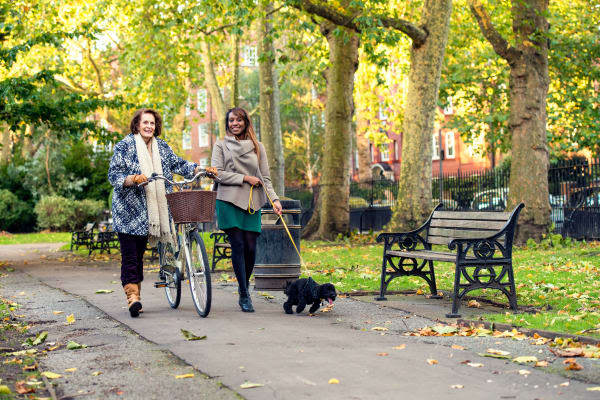 Residents taking a walk near Widdicombe Place in Etobicoke, Ontario