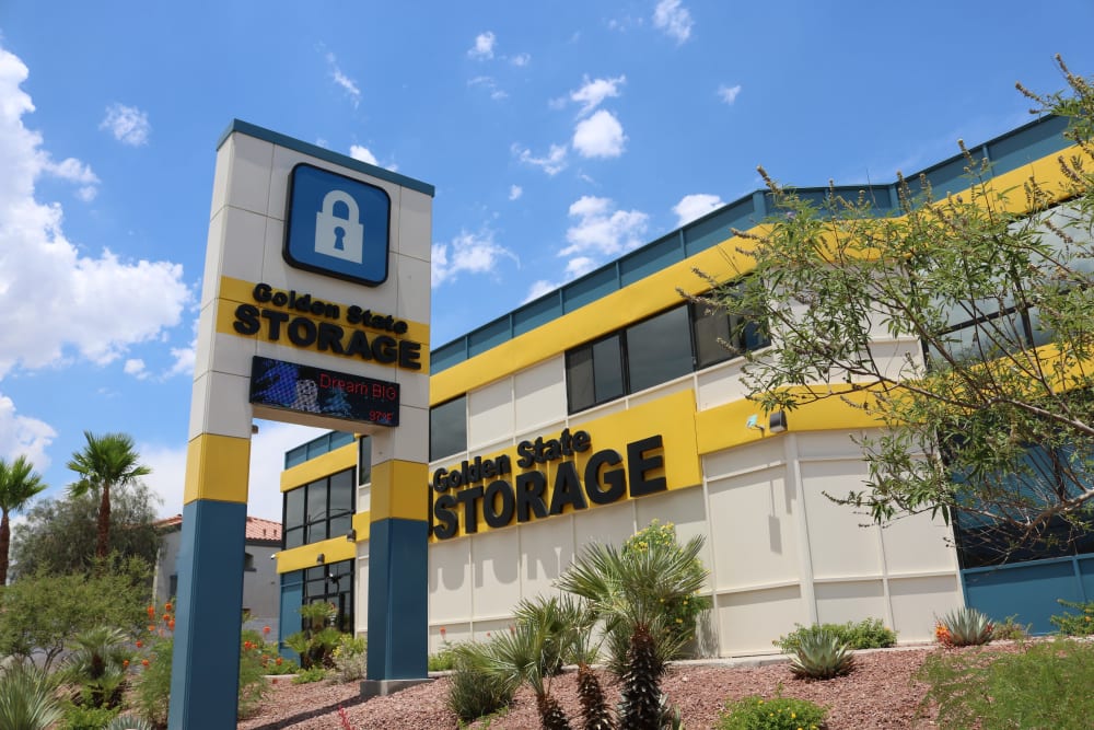 Front view of the branded sign at Golden State Storage - Tropicana in Las Vegas, Nevada