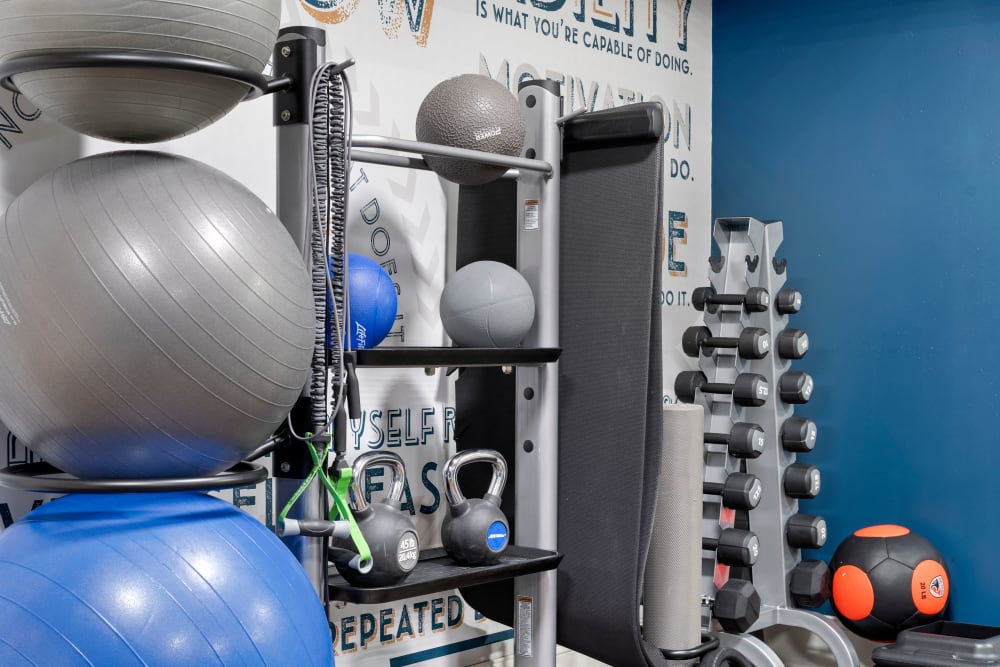 Resident gym with exercise balls at Sofi Lyndhurst in Lyndhurst, New Jersey
