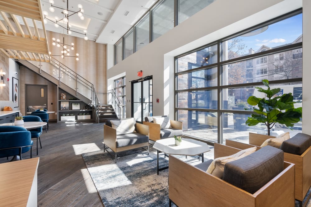 Lobby with floor to ceiling windows and seating area