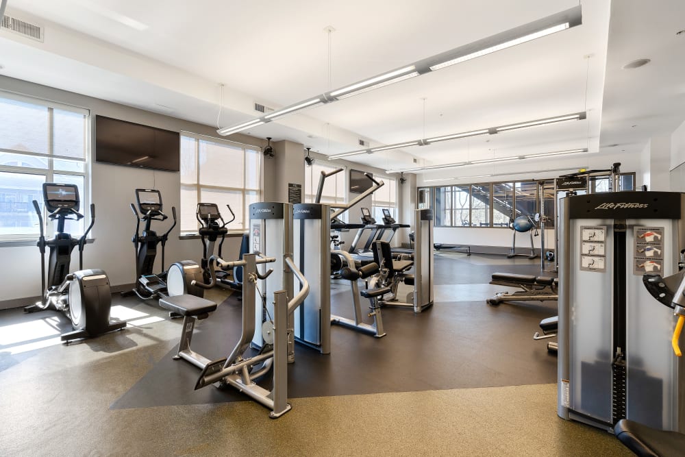 Bright open gym with ellipticals, weight machines , and a TV mounted on the wall