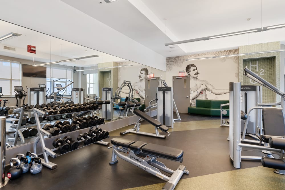 Fitness studio with large mirror, free weights and a workout bench 