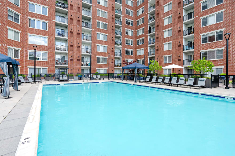 Large resort-style swimming pool at Sofi at 50 Forest in Stamford, Connecticut