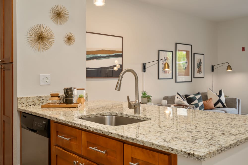 Bright kitchen with a breakfast bar at Sofi Parc Grove in Stamford, Connecticut