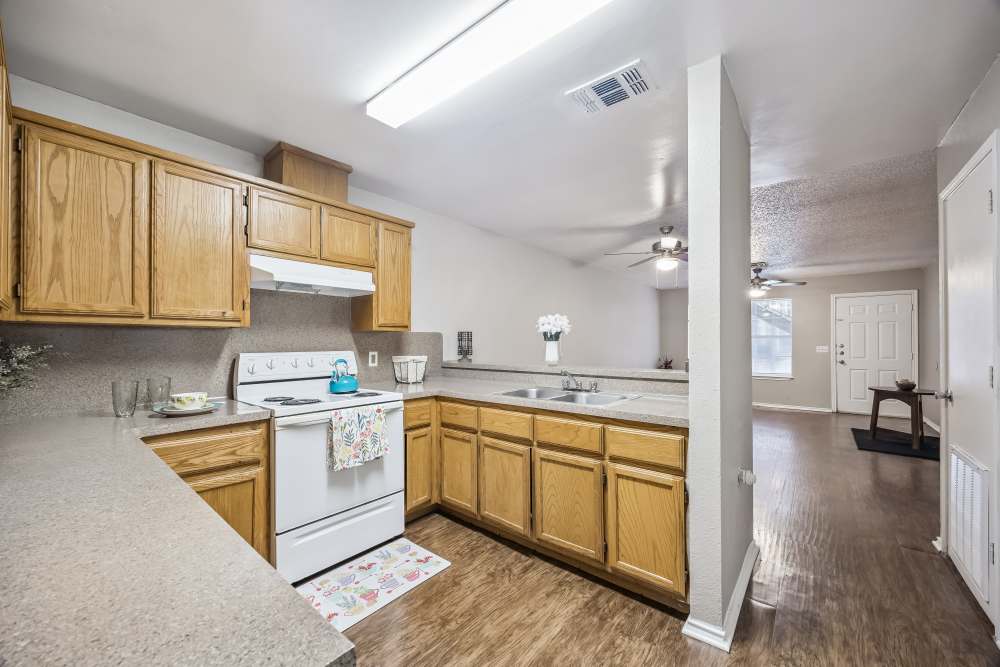 Kitchen with wood-style flooring at Cameron Village Apartments in Alice, Texas