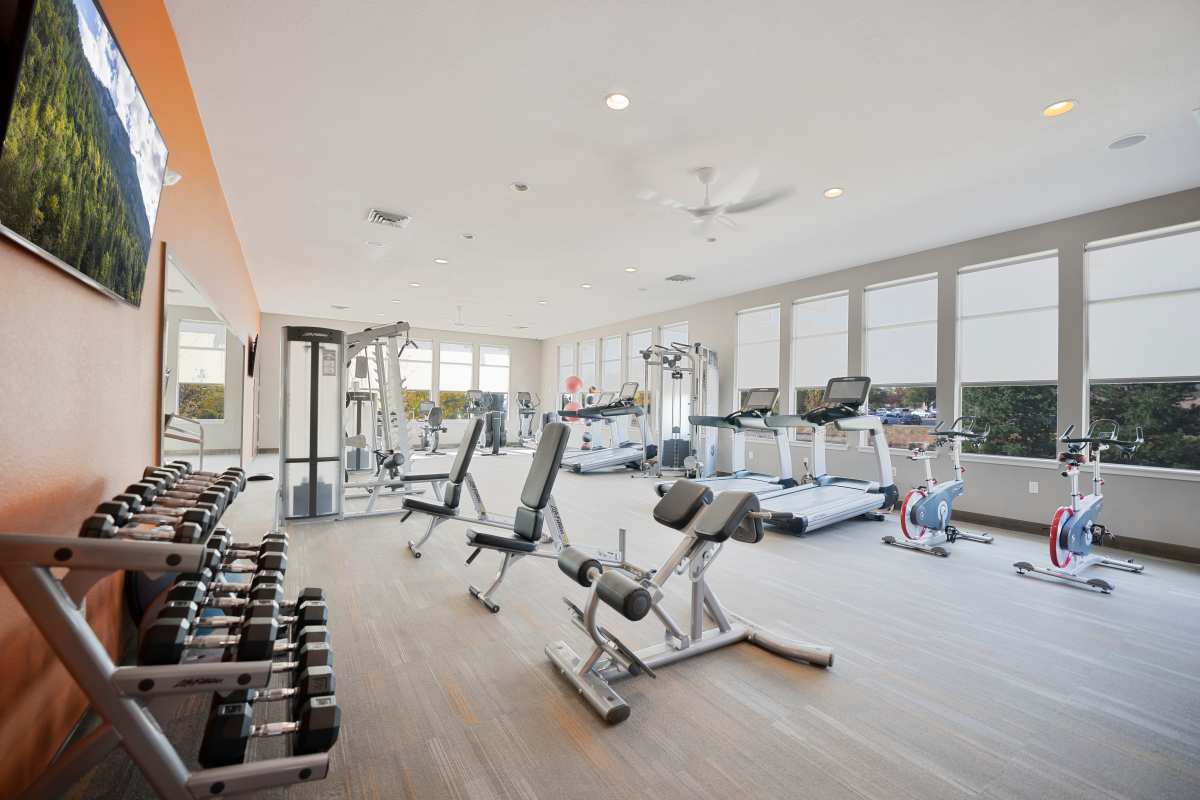 Well-equipped fitness center at North Main at Steel Ranch in Louisville, Colorado