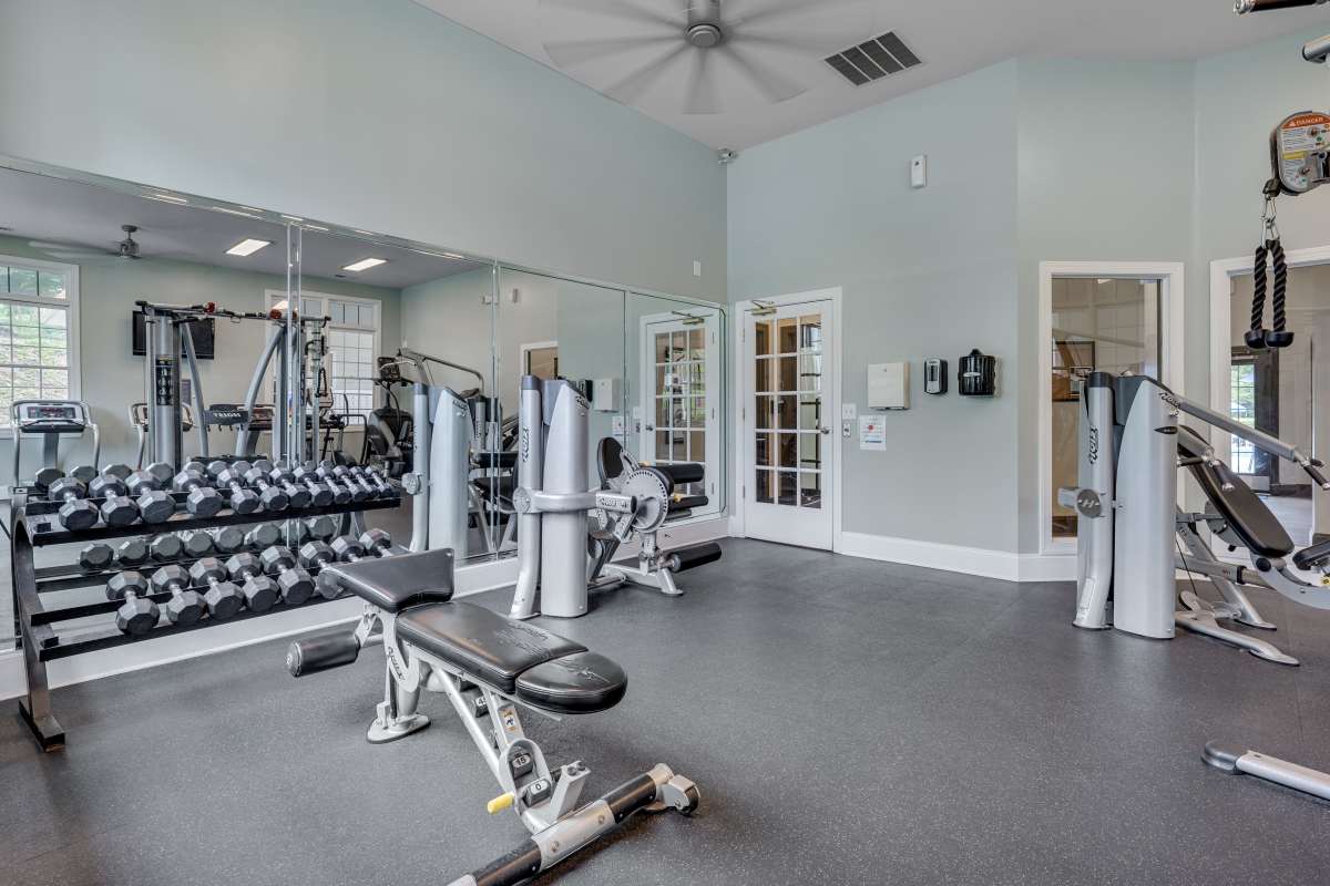 Fitness center at Weston Reserve Apartments in Morrisville, North Carolina