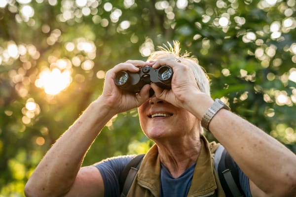 A resident looking through binoculars at Gateway Park in Greenfield, Indiana