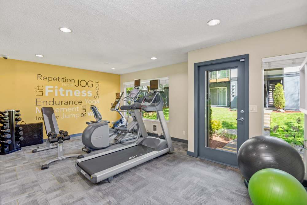 Fitness center with equipment at Tessera in Everett, Washington