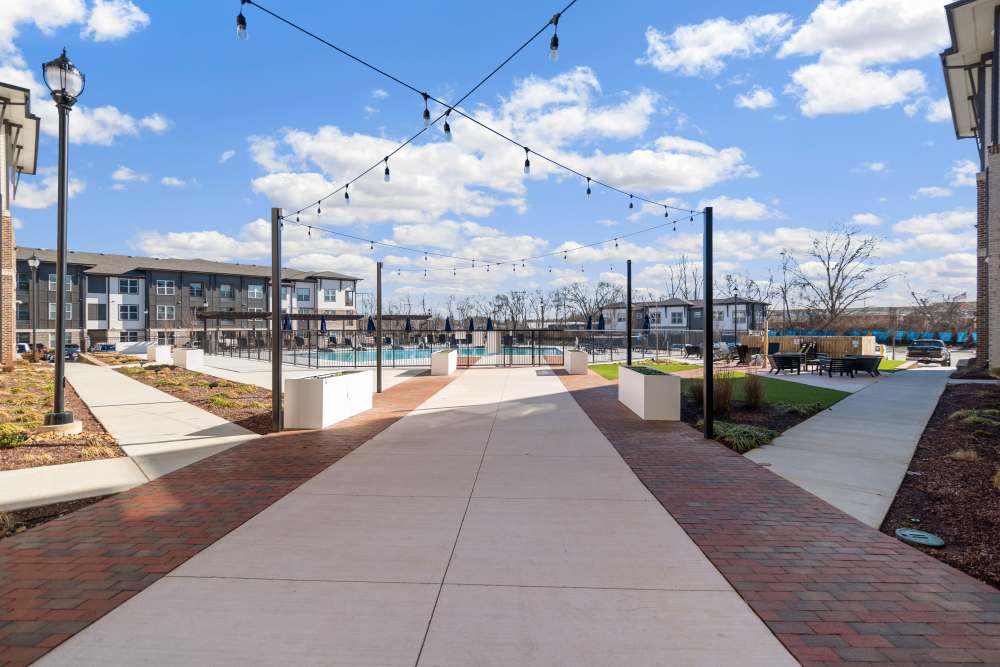 Outdoor couches by the swimming pool at 101 Depot in Smyrna, Tennessee