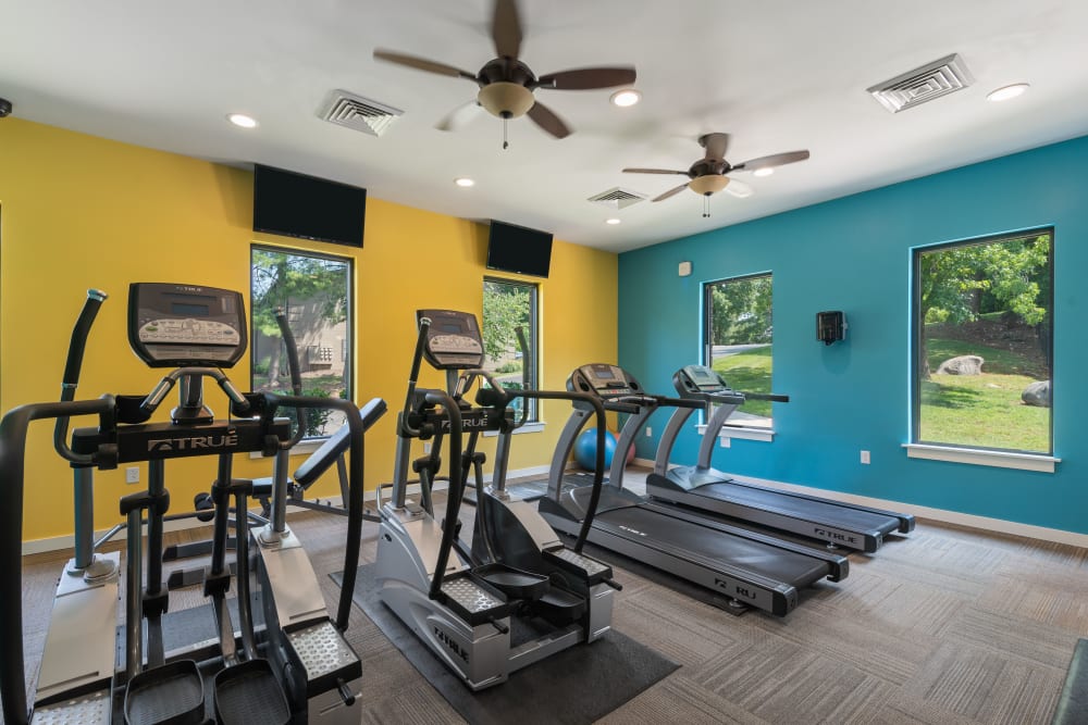 Fitness center with treadmills at Goldelm at Cedar Bluff in Knoxville, Tennessee