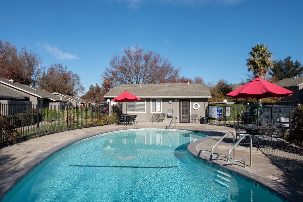 Swimming pool area at Meritage Apartments in Lodi, California