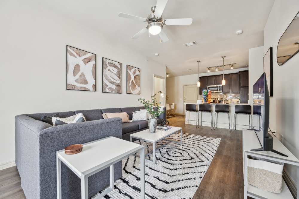 Living room in a student apartment over looking kitchen at Midtown 905 in Denton, Texas