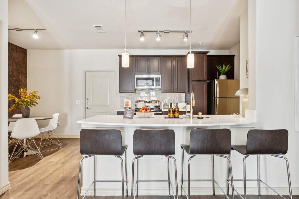 Modern kitchen with dark wood cabinets, stainless steel appliances, and a white island with four bar stools at Midtown 905 in Denton, Texas