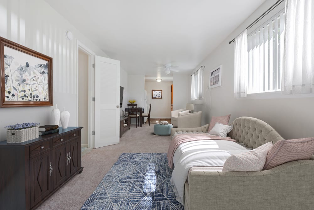 Spacious carpeted model studio apartment at Long Pond Gardens Senior Apartments in Rochester, New York