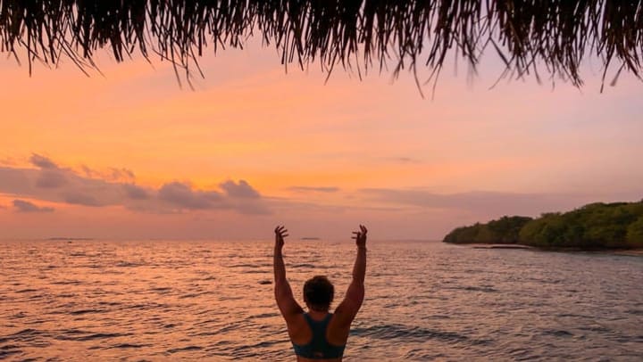 Woman with hands up facing a tropical ocean landscape at dusk