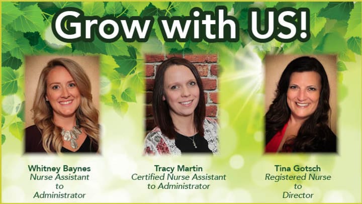 Grow with Us: Photos of three employees who have grown with the company