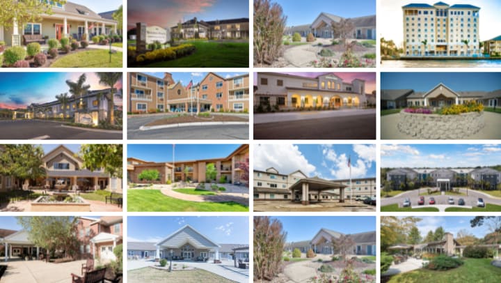 Exterior images of communities who received best assisted living awards. 