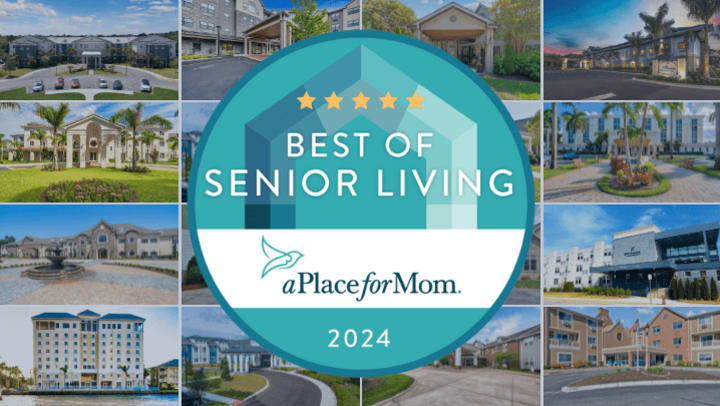 Small images of communities in the background with a large A Place for Mom award icon large and center on the image. 