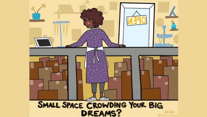 cartoon image of a business owner standing behind a counter with disorganized boxes under the counter 