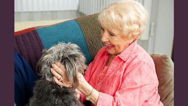 Senior adult woman smiling while looking her pet dog in the eyes
