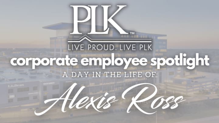PLK Communities corporate employee spotlight graphic featuring ‘A Day in the Life of Alexis Ross’ with a background image of a modern office building and the PLK logo at the top.