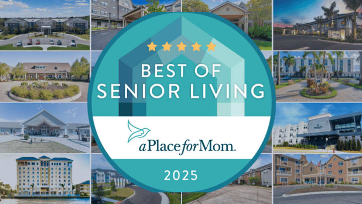 APFM award Logo large in center of screen with background images of multiple senior living communities owned by Meridian Senior Living