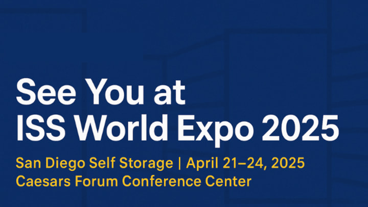 Graphic with the San Diego Self Storage logo on a navy blue, geometric‑patterned background. Bold white text reads ‘See You at ISS World Expo 2025,’ with a yellow subhead stating ‘San Diego Self Storage | April 21–24, 2025 | Caesars Forum Conference Center.’