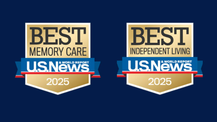 Navy Background with Memory care and independent living U.S. News icons