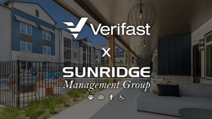  A professional graphic announcing a partnership between two companies. The image is a composite featuring a background photo of a modern apartment complex