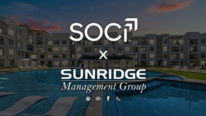 A dark, promotional graphic announcing a partnership or case study between two companies. The background is a photograph of a modern apartment community