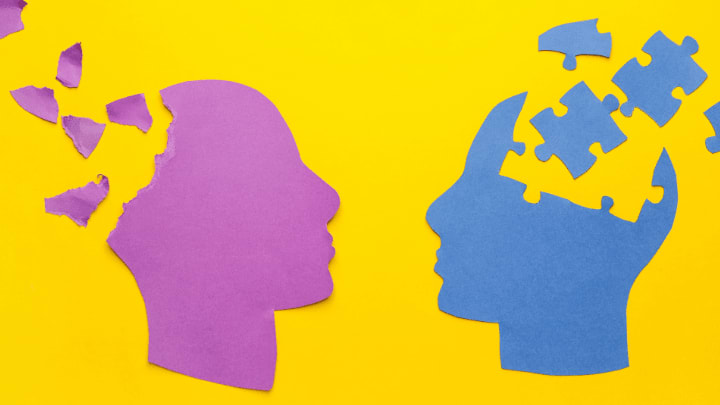 two illustrations of human heads made of paper
