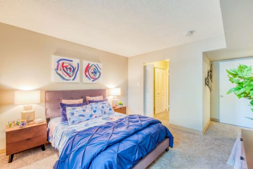 Cozy bedroom at Preserve at Cradlerock Apartment Homes in Columbia, Maryland. 