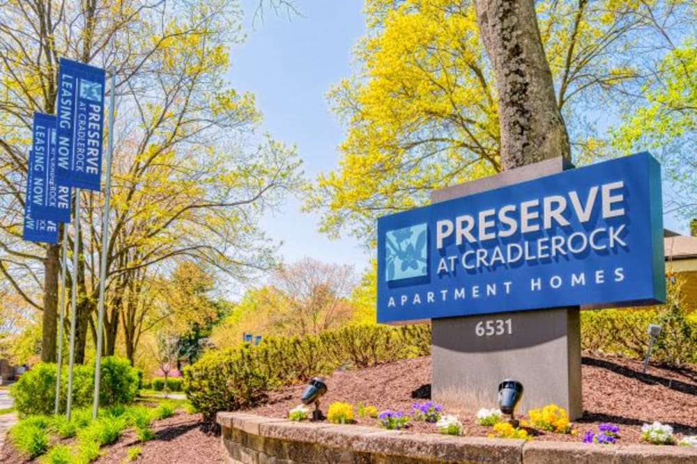 Property signage at Preserve at Cradlerock Apartment Homes in Columbia, Maryland. 