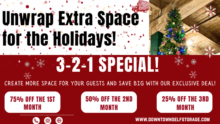 Holiday self storage promotion graphic offering 3-2-1 savings to create extra space at home, featuring seasonal discounts on self storage in Portland Oregon