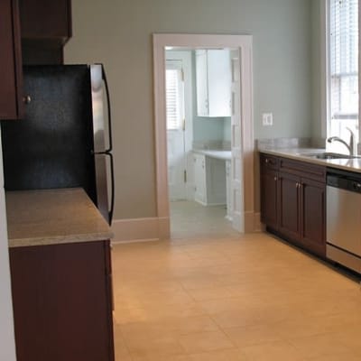 Brown cabinets in a kitchen at Wood Road in Annapolis, Maryland