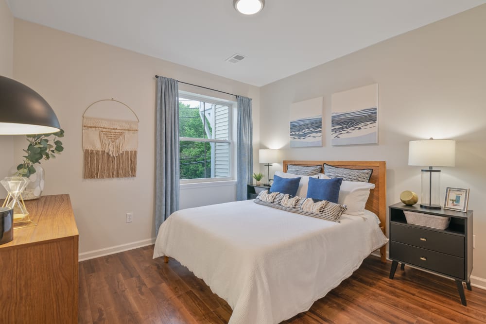 Open bedroom in a model home at Sofi Gaslight Commons in South Orange, New Jersey