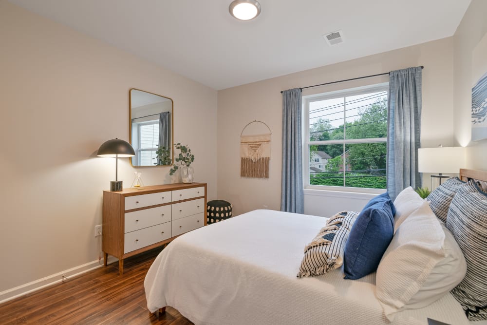 Bright and spacious bedroom in a model home at Sofi Gaslight Commons in South Orange, New Jersey