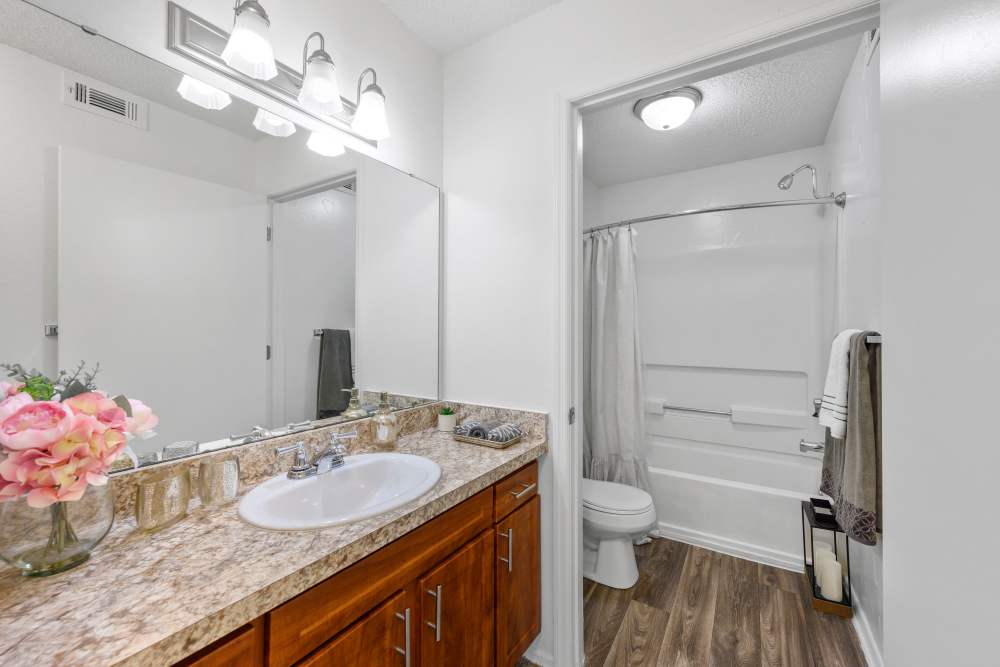 Bathroom with large vanity at Paddock Club Apartments in Florence, Kentucky